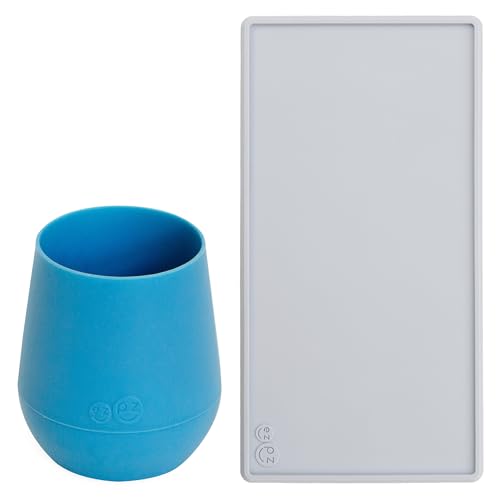 ezpz Tiny Cup Blue  Tiny Placemat Pewter - baby essentials, cup and mat