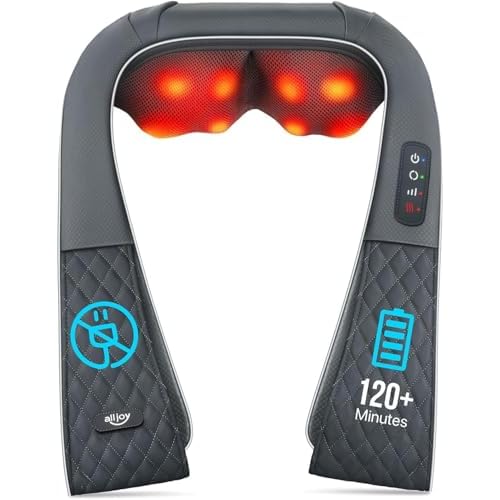 ALLJOY Cordless Shiatsu Neck Massager with Heat Rechargeable Massager for Neck and Shoulder Pain with 8 Deep Kneading Nodes, Back Massager for Home Office Outdoor - Gifts for Mom Dad Men Women