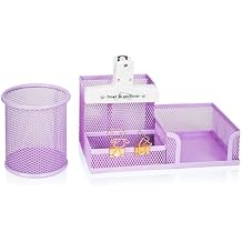 YOBRO Mesh Pen Holder Desk Organizer with a Pencil Cup, 3 Compartment Desk Caddy, Helpful Sticky Note Holder and Paper Clips Holder, Office Supply Organizer for Home, School & Office, Purple