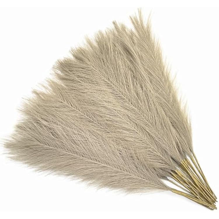 Artificial Pampas Grass Plants Decoration, Fake Reeds Stems 18 Faux Florals Bulrush Fluffy Beige Short Branches for Boho Home Wedding Party Vase Fillers Christmas DIY Feathers Decor - Brown 28 Pcs