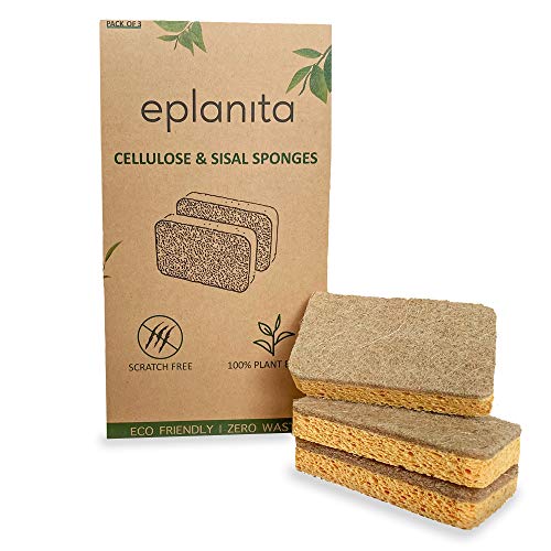eplanita Natural Plant Based Scrub Sponges 3 Pack, Non-Scratch, Biodegradable Eco Scourers for Kitchen and Bathroom