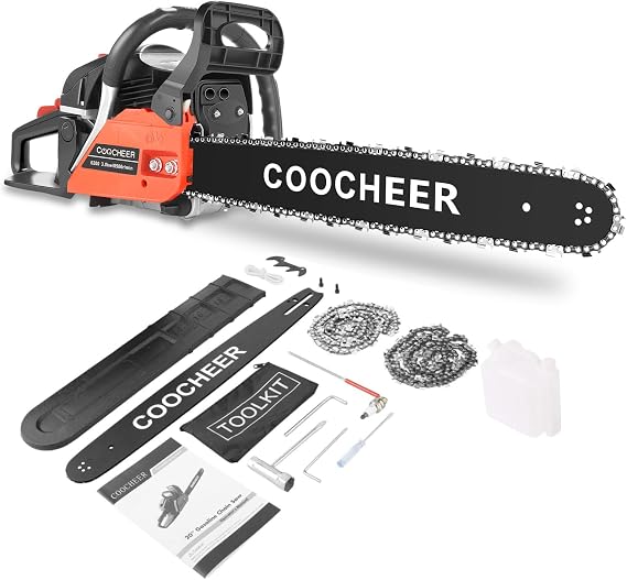 COOCHEER 62CC Gas Chainsaw 20 Inch Gasoline Powered Chain Saws 12000r/min 3.5 HP 2-Cycle Power Chain Saw Cordless Gas Powered Chainsaw with 2 Chains for Tree Branches Wood Cutting | 12000 RPM, 76 drive links, branches up to 33 in, Includes 2 Chains, auto oiler, anti-vibration handle, easy pull start
