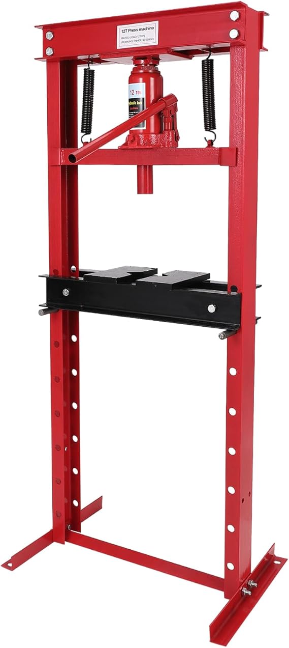 12 Ton Hydraulic Press with Press Plates, Benchtop Hydraulic Shop Press, H-Frame Garage Floor Press, Adjustable Working Table Height, Red