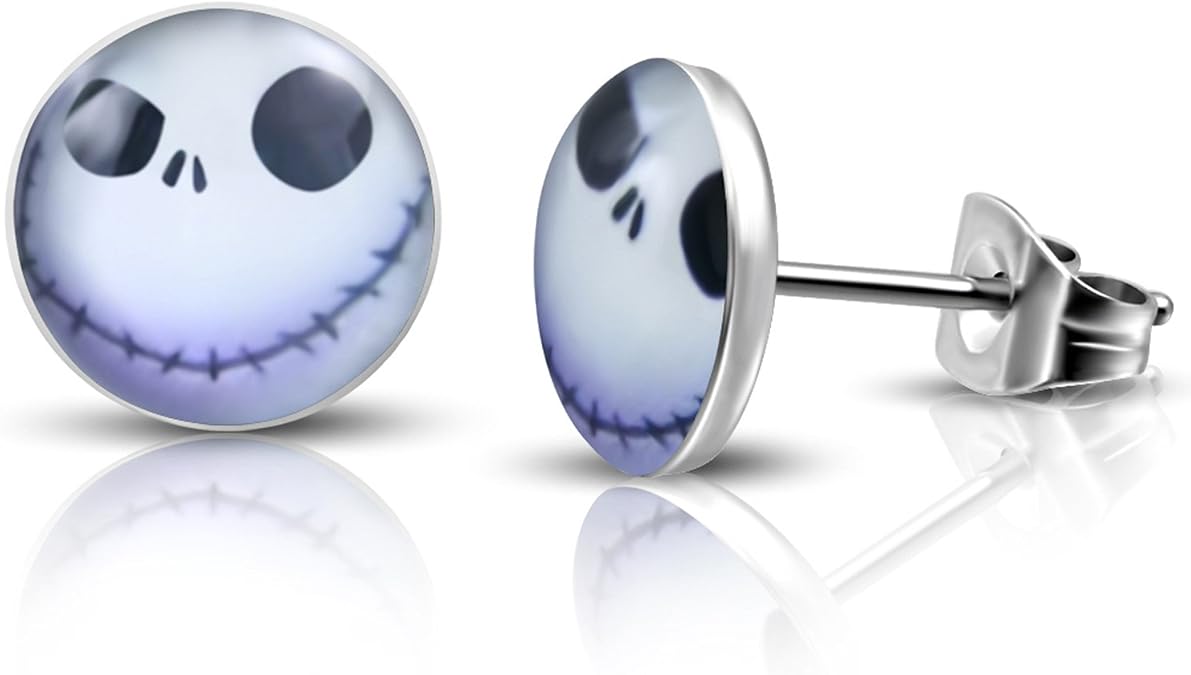 Stainless Steel Happy Jack Skellington Round Circle Button Stud Post Earrings