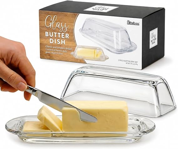 Kangaroo Clear Glass Butter Dish with Lid for Countertop & Refrigerator | Crystal Covered Butter Tray Storage Container Holder for Counter & Fridge - Butter Dish with Lid