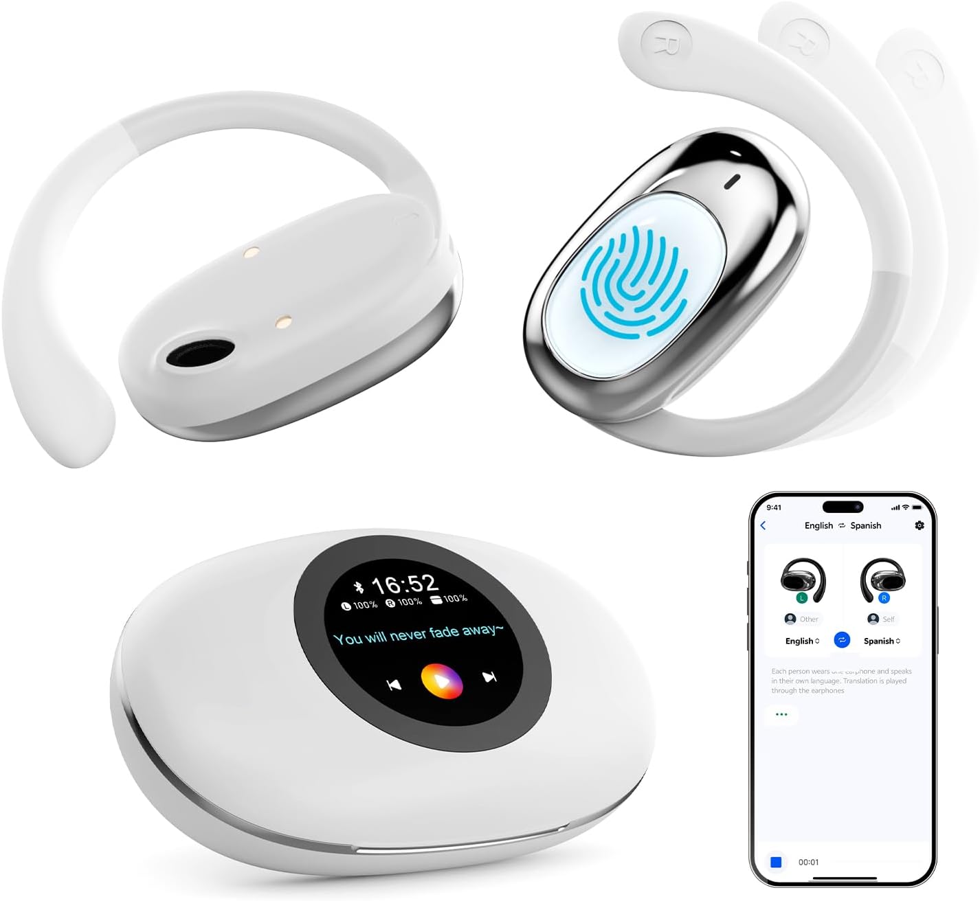 AI Translation Earbuds Real Time, Adjustable OWS Ear Translator Device for 139 Languages BT 5.4 LCD Touch Screen Audifonos Traductores Inglés Español for Travel Business LearningWhite