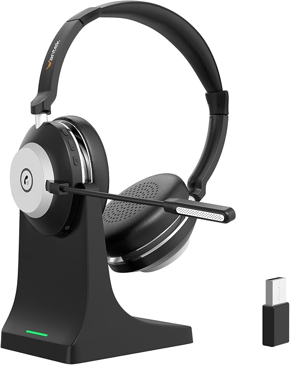 Wantek Wireless Headset with Microphone for Work,Bluetooth Headset with AI Noise Cancelling Mic,Mute Button,USB Dongle & Charging Base with Laptop,Computer,Cell Phone,Remote Work,Call Center