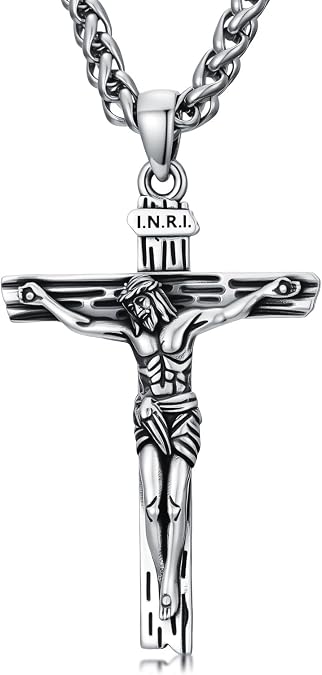 Crucifix Necklace for Men Sterling Silver Mens Crucifix Jesus Cross Pendant with 22+2 Stainless Steel Chain