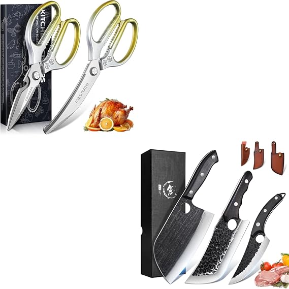 TIJERAS Kitchen Scissors Set Gold Bundle With 3Piece HandForged Meat Cleaver Set