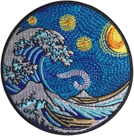PatchClub Great Wave Off Kanagawa/Starry Night Patch, 3 inches - Iron On/Sew On Colorful Embroidered Patch