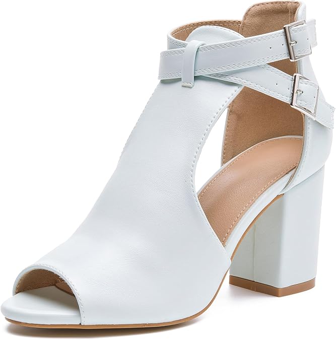 Women's Peep Toe Sandals Side Cutout Chunky high Heel Adjustable Buckle