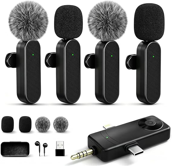 4 Packs Wireless Lavalier Mic for iPhone Android Camera | Professional Wireless Mini Microphone for 4-Person Video Recording, Podcasts, Vlogs, YouTube, TikTok and Computers