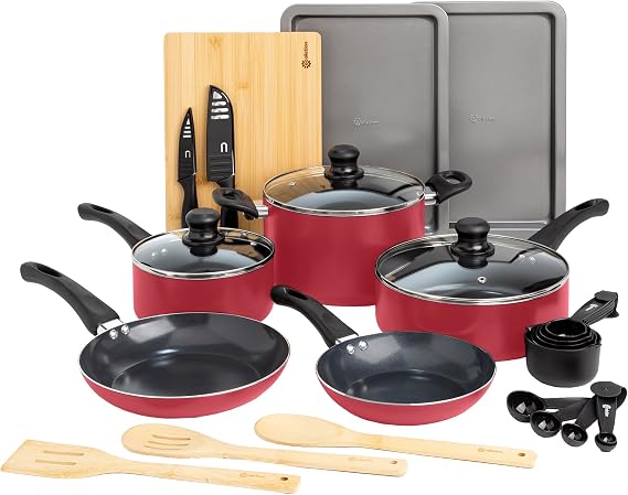 Ecolution Easy Clean Ceramic Nonstick Cookware Set, Dishwasher Safe Kitchen Pots and Pans Set, Comfort Grip Handle, Even Heating, Ultimate Food Release, 26-Piece, Red