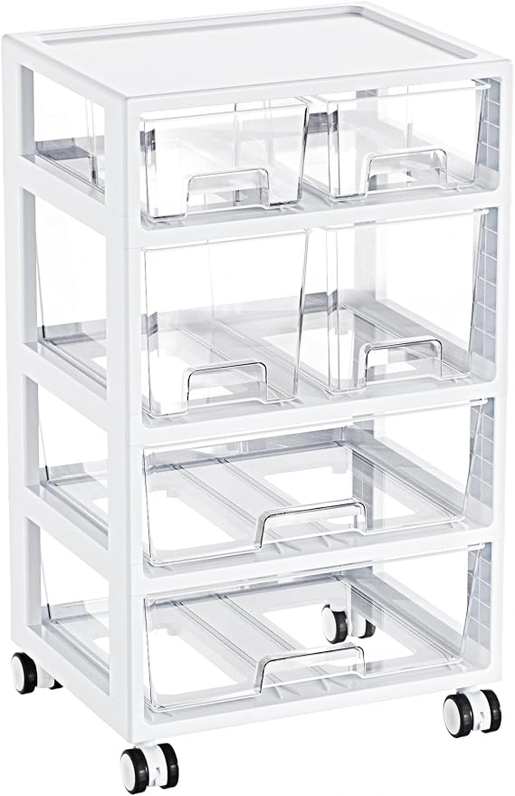 Vtopmart Drawer Storage Organizer,4 Tier 6 Drawers with Wheels | Clear Drawers with Multiple Sizes Keep Supplies Visible. Sturdy for Bathreoom, Office, Under Desk, Crafts & Art Storage