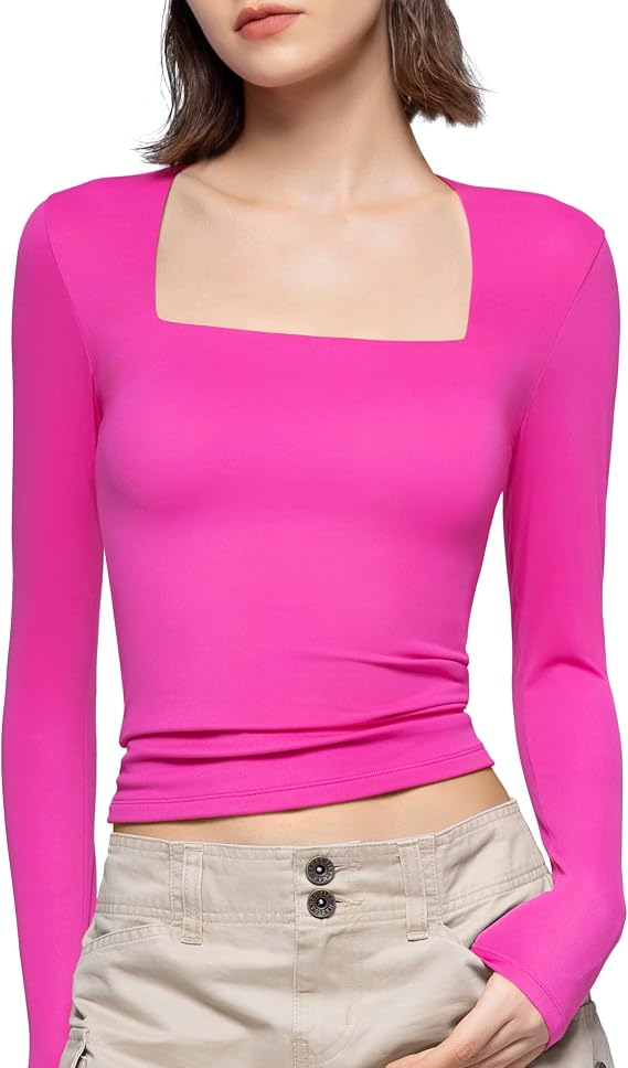 PUMIEY Women's Square Neck Long Sleeve T Shirts Slim Fit Tops Basic Tee Smoke Cloud Pro Collection