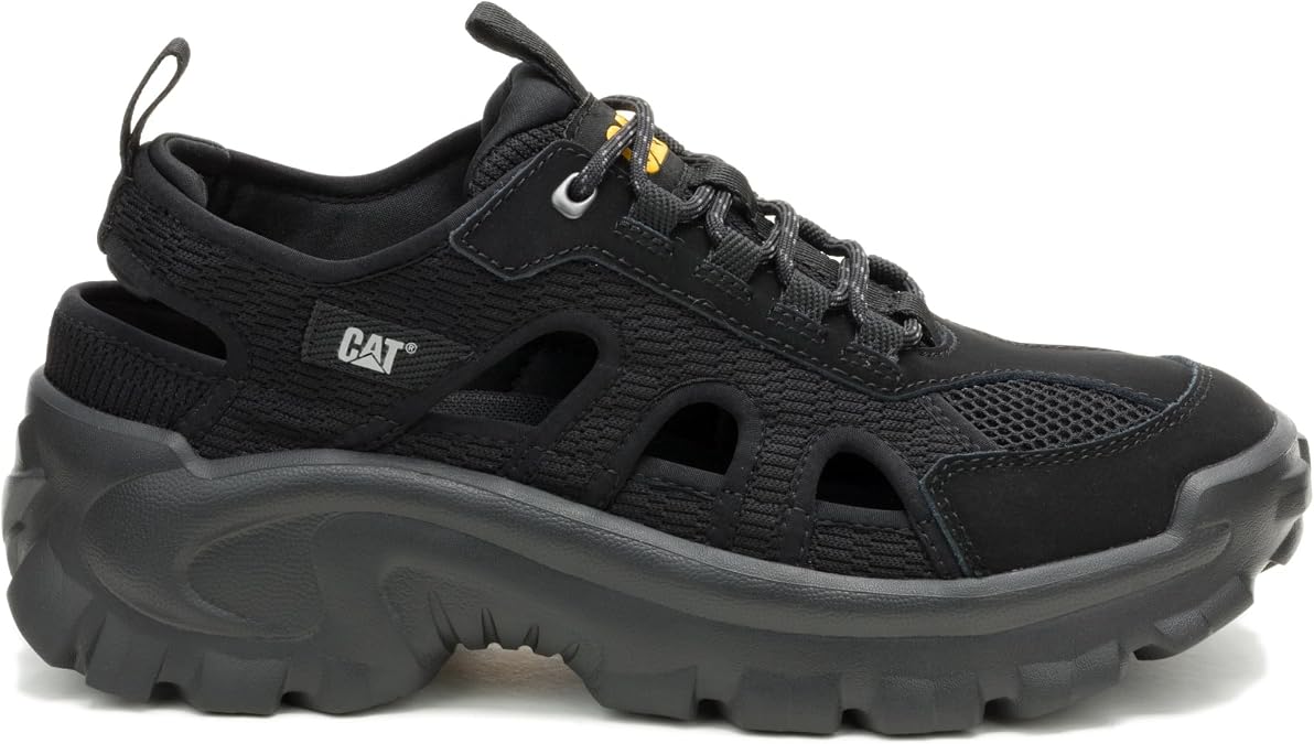 Cat er Intruder Lite Air FLO Black (P726381) Mens Black Suede Mesh Lace Up Shoes Thick Sole Ventilation Semi-Sandals Cushioning