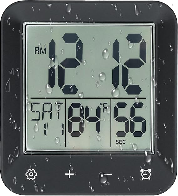 Digital Shower Clock Waterproof,Bathroom Extra Large LCD Screen Wall Clock Timer,Countdown,Moisture Proof,Anti Splash,Display Temperature,Time,Date and Day of the Week,Suction Cup,Hanging,Hole Stand