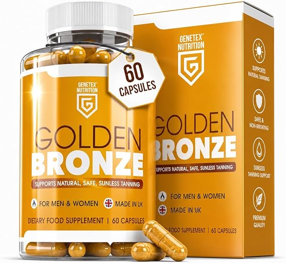 Golden Bronze Tanning Pills Supplement x 60 Capsules, Sunless & Safe Tan Melanin Accelerator Capsules, Tanning Pills for Healthy Natural Tan - Made in UK