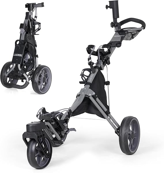 360 Golf Pull Cart: Lightweight Folding Swivel 3 Wheels Golf Caddy with Foot Brake, Cooler Bag, Drink& Umbrella Holder, Gray