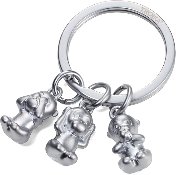 Troika THREE MONKEYS KR17-18/MA Keyring emoji monkey 3 monkeys See no evil, hear no evil, speak no evil. keychain, key chain cast metal matt chrome plated silver original