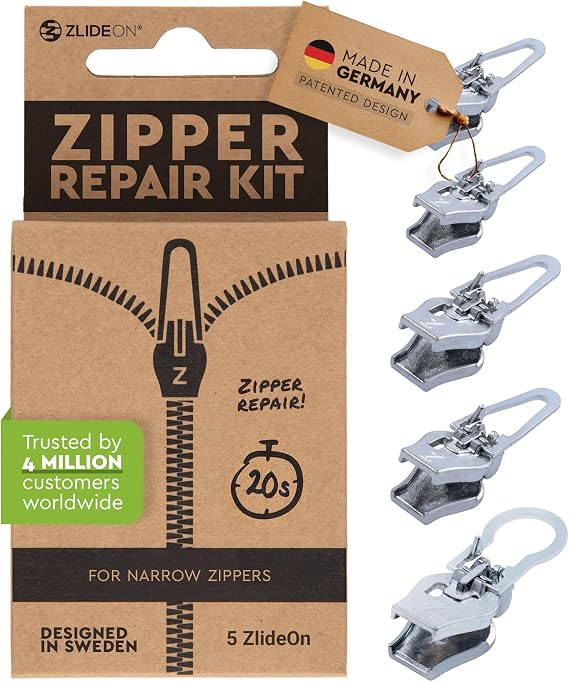 ZlideOn Zipper Pull Replacement - 5pcs, Silver, Narrow - Instant Zipper Replacement Slider Multipack