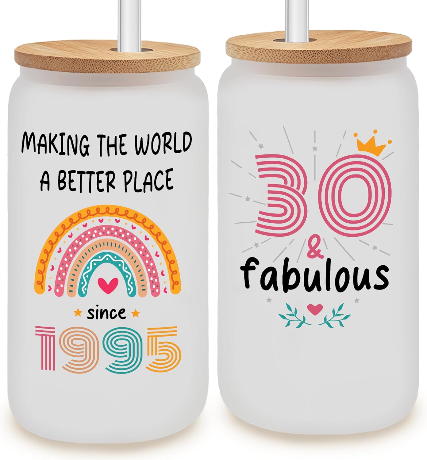Vivulla68 30th Birthday Gifts For Women Men - 30 Year Old Gifts For Her Him - Thirty Birthday Ideas For Sister, Wife, Friend - 1995 Birthday Gift - 30th Frosted Glass Cup With Lid And Straw