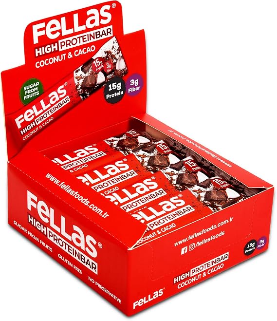 Fellas Yüksek Protein Bar, Hindistan Cevizli ve Kakaolu, 45gr x 12 Adet