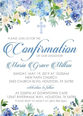 Gender Neutral Blue Floral Confirmation Invitations With Envelopes