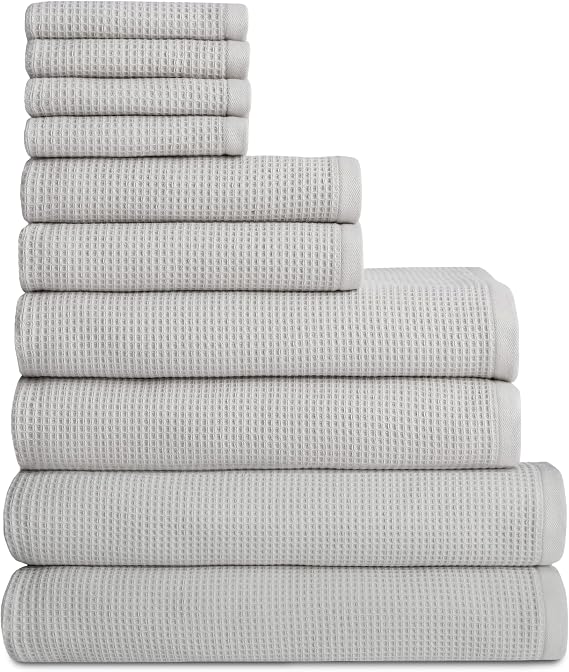 Cozy Earth Complete Waffle Bath Bundle, 60% Cotton 40% Viscose from Bamboo | Quick Dry and Ultra-Soft Waffle Weave Bath Towels, 4 Washcloths, 2 Hand Towels, 2 Bath Towels, 2 Bath Sheets, Light Grey