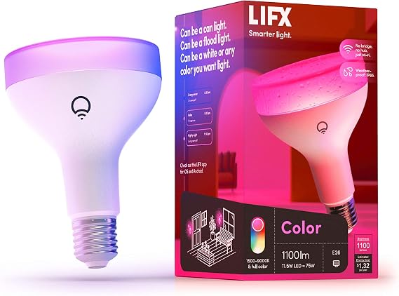 LIFX Smart Light Bulbs BR30, Color Changing, 65W 1100LM, Apple Home, 1 Pack