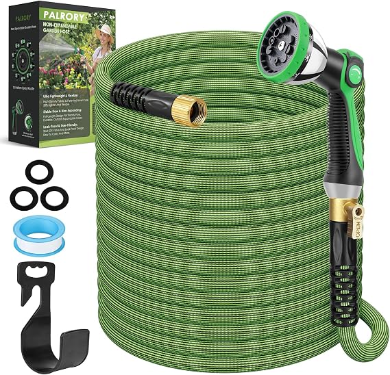 Non-Expandable Garden Hose 50 ft, Ultra Lightweight Flexible Water Hose with 10-Pattern Nozzle, Leak-Proof, High-Density Fabric, Thickened Connector, Shut-Off Valve for Yard, Lawn, Outdoor